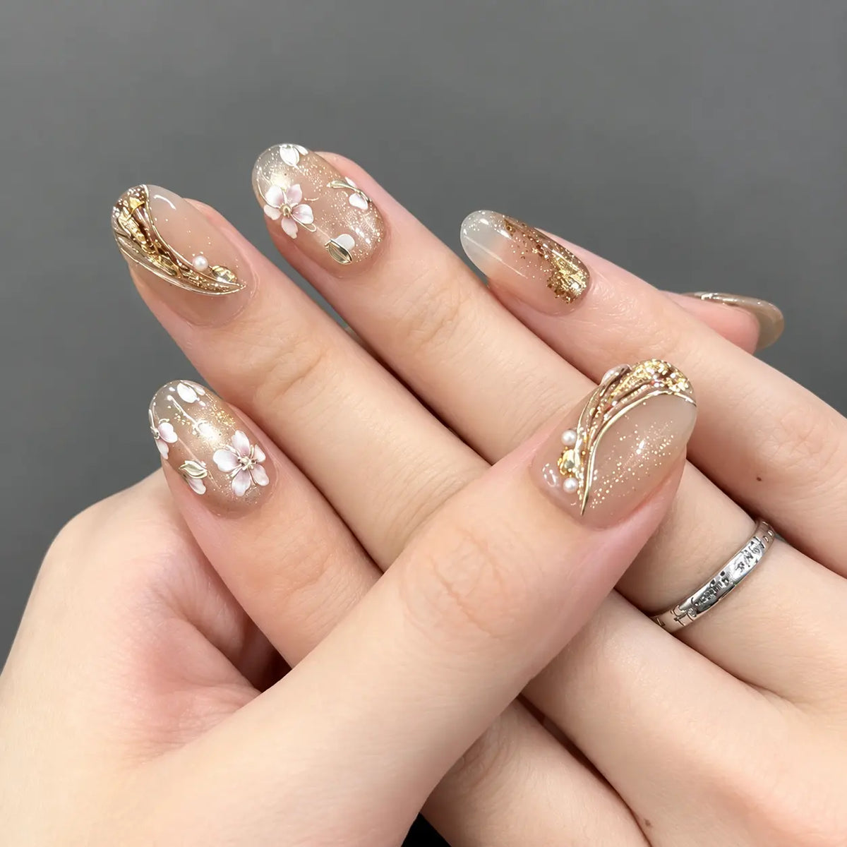 Floating Jade Blossom press-on nails detail image