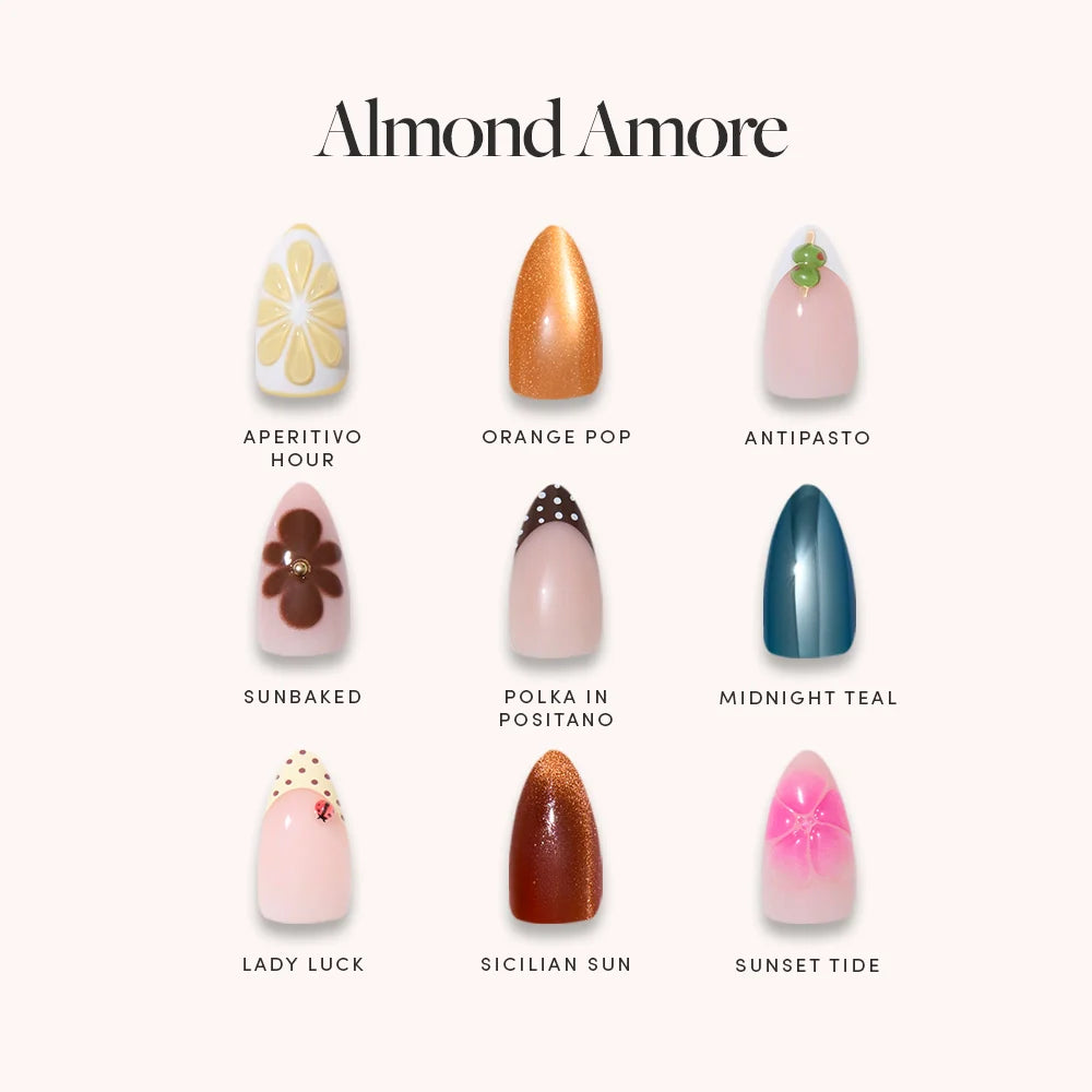 Lisawu Almond Amore press-on nail bundle style selection