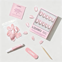 Angelic Touch press-on nails featuring soft pastel colors and almond shape, styled in a clean, elegant look for everyday wear
