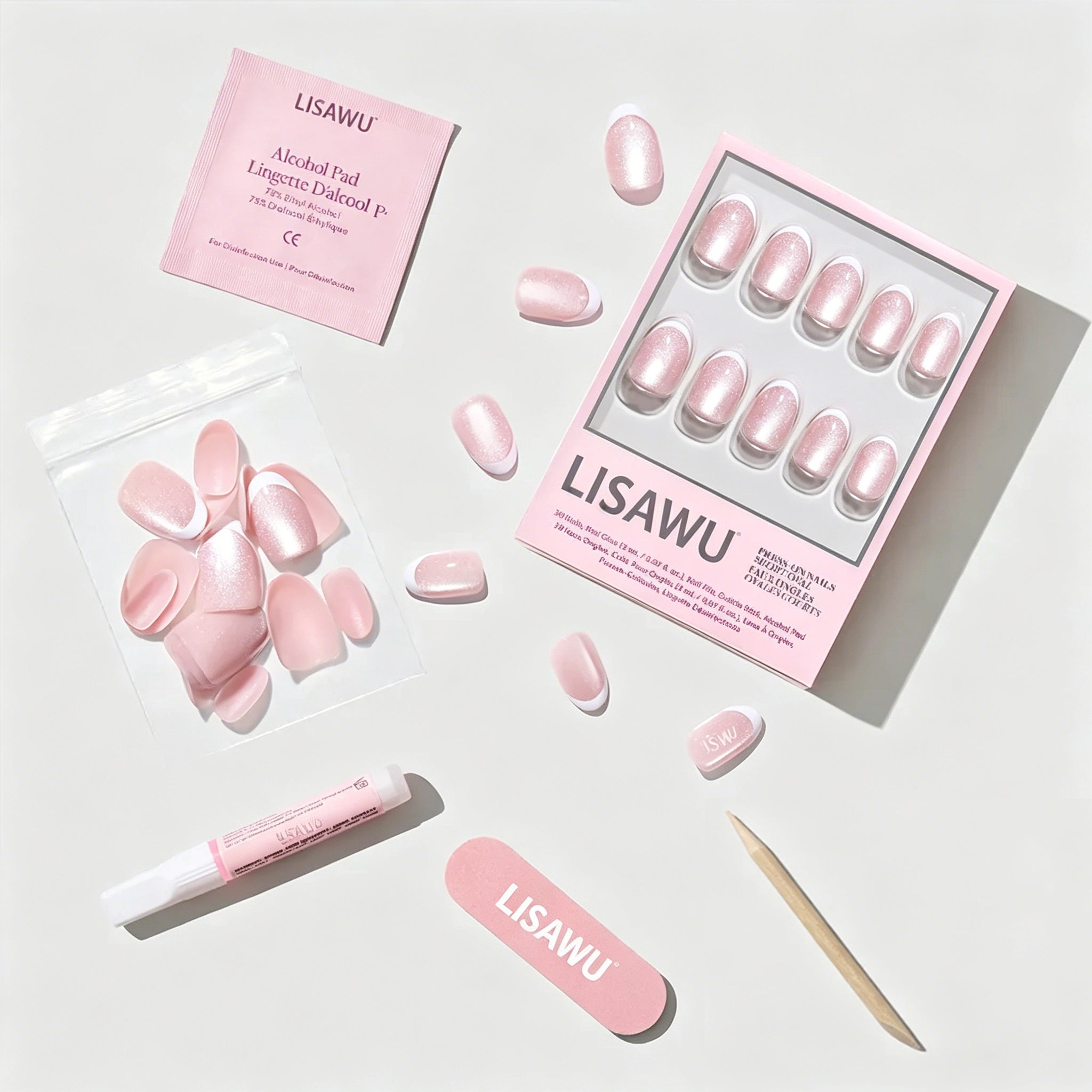 Angelic Touch press-on nails featuring soft pastel colors and almond shape, styled in a clean, elegant look for everyday wear