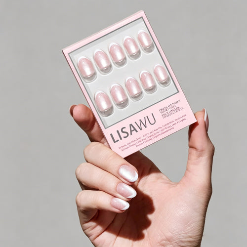 Angelic Touch press-on nails in soft pastel colors with almond shape and glossy finish on natural nails
