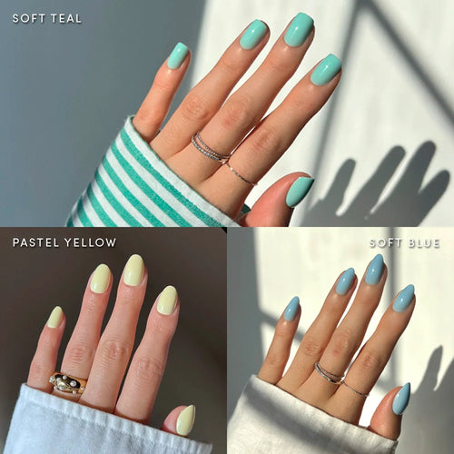User generated content grid showcasing Anns Palette press-on nails with colorful artistic nail designs