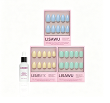 Anns Palette press-on nails showcasing vibrant mixed color nail set with glossy finish on almond-shaped nails