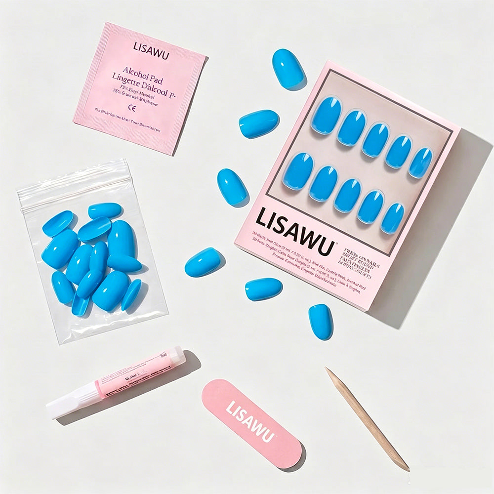 Azure Blue press-on nail design - solid color style detail
