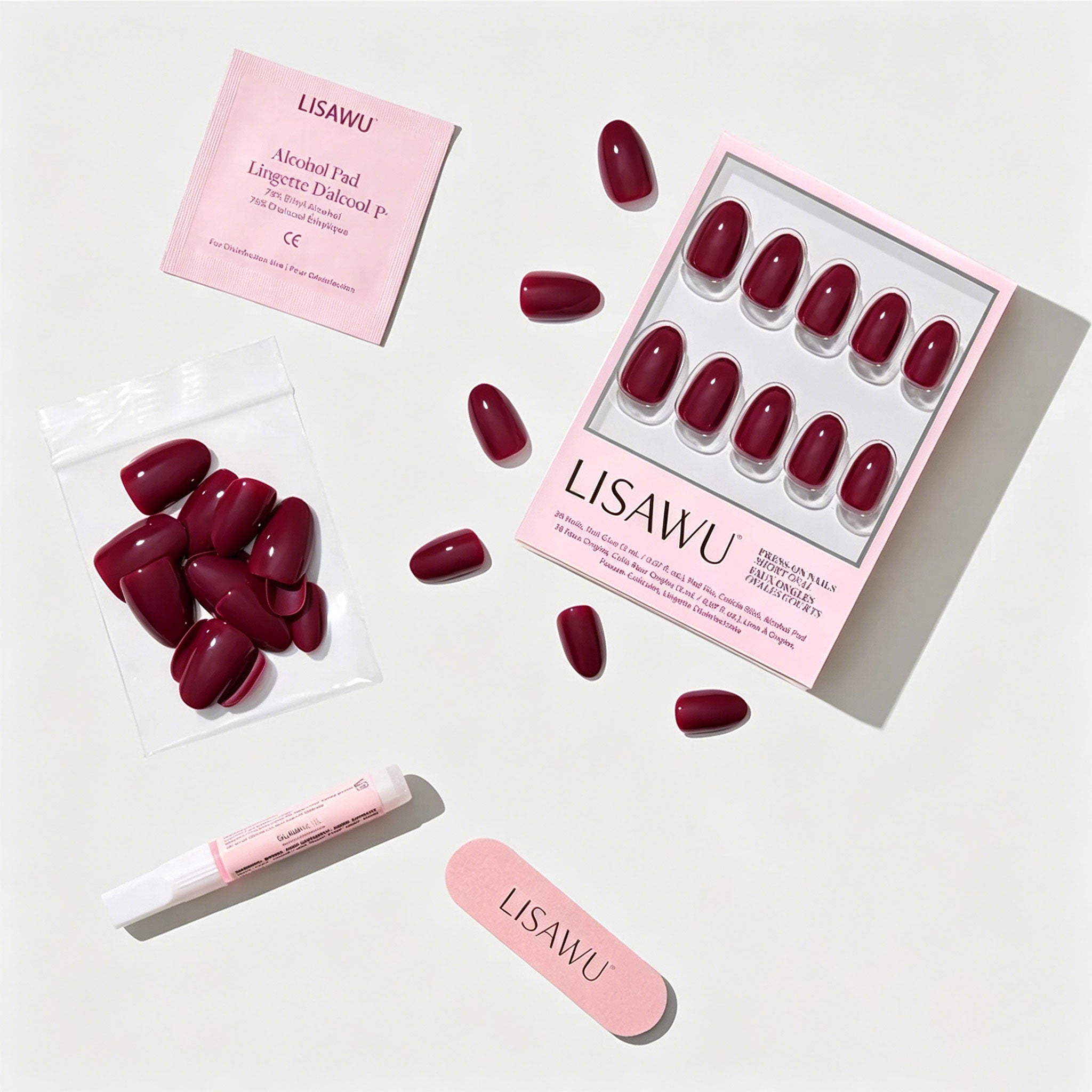 Berry Mood press-on nails - oval shape, short length
