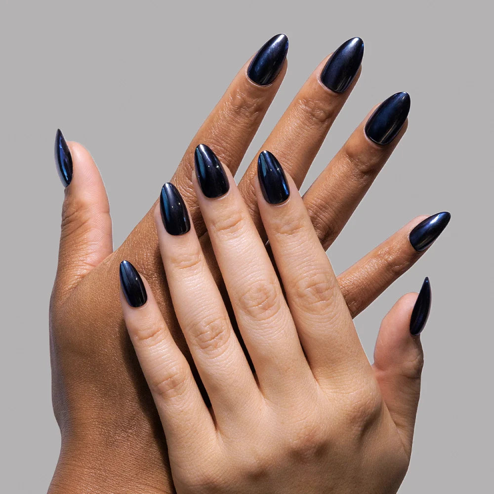 Black Metal press-on nails with metallic chrome finish