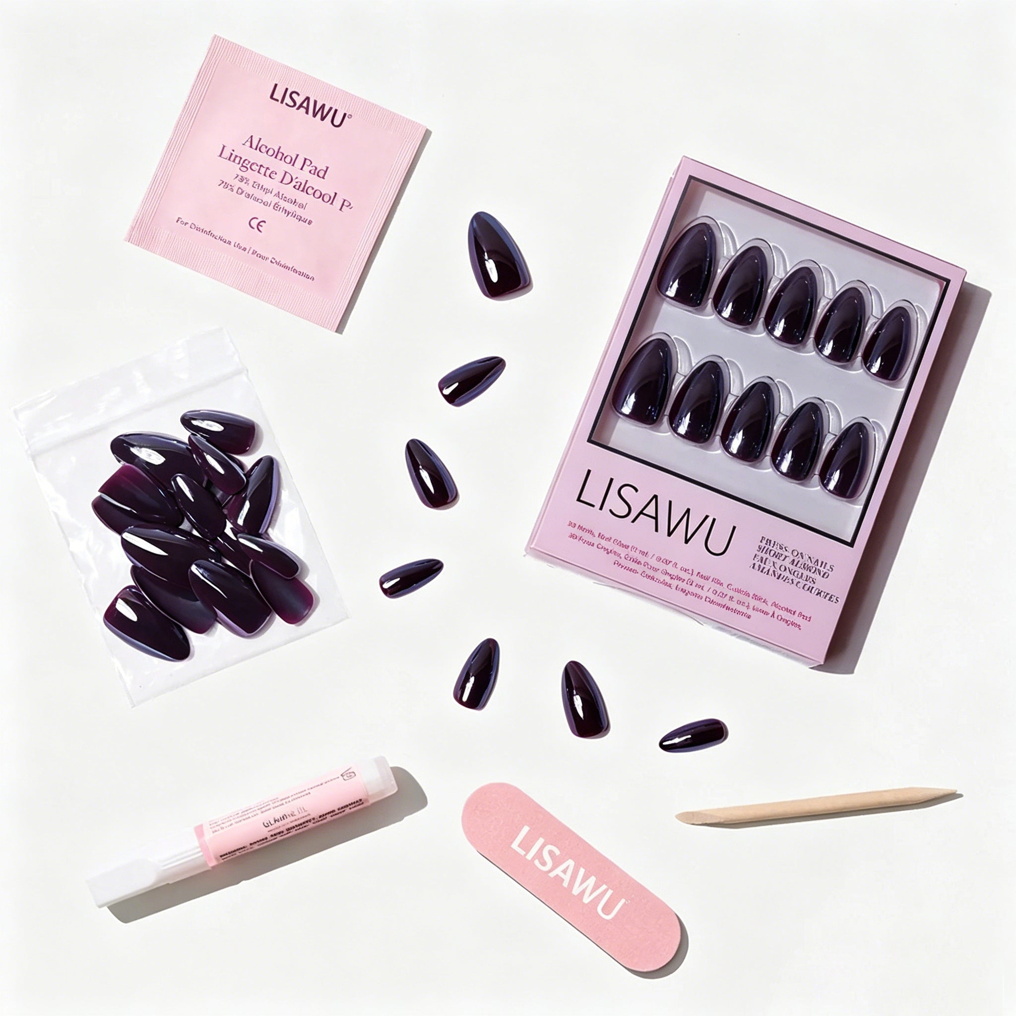 Burgundy Chrome press-on nails - almond shape, short length