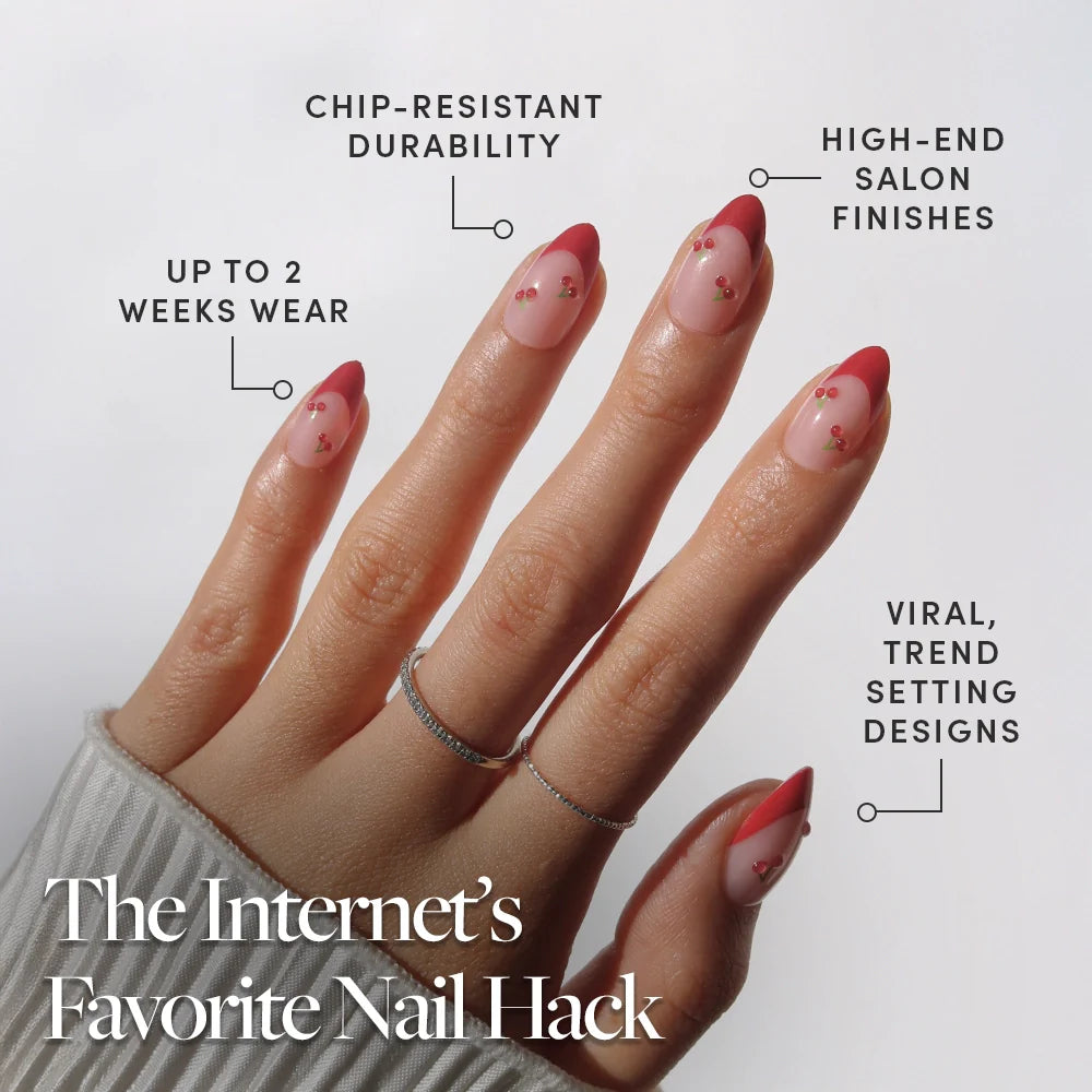 Cherry Bomb press-on nail design - french tip style detail