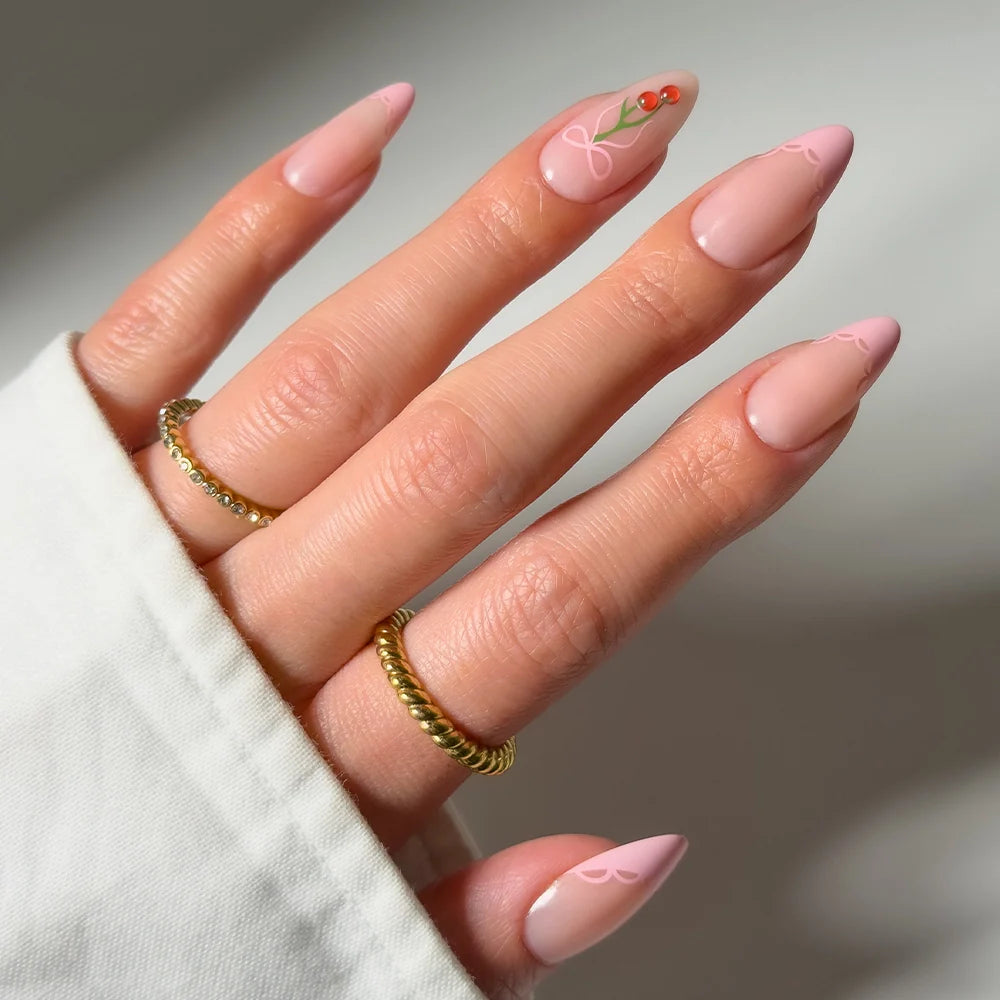 Cherry Bow press-on nails in pink shade