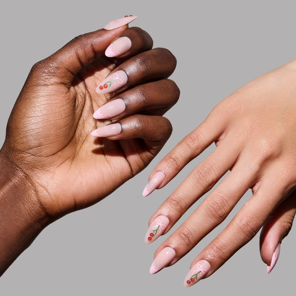 Cherry Bow press-on nails - almond shape, medium length