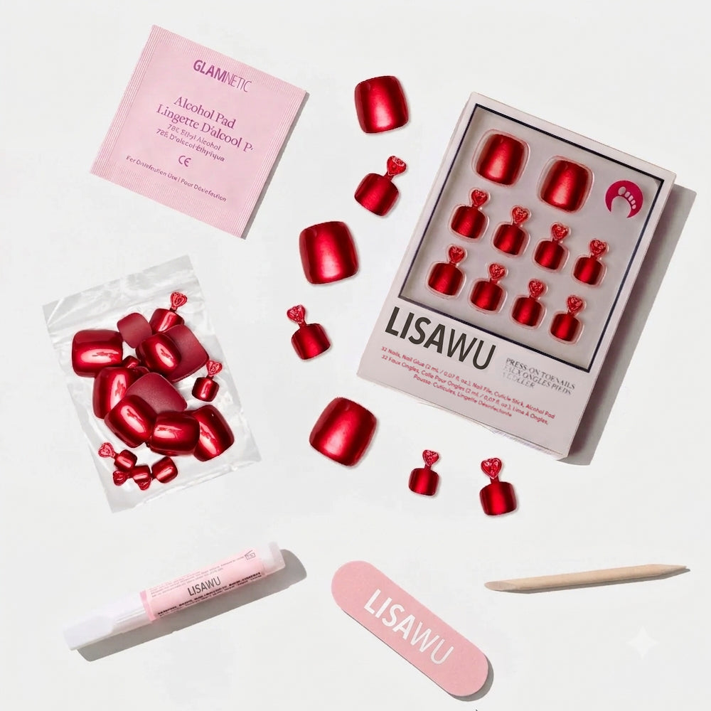 Cherry Glaze Toenail press-on nails with glazed finish