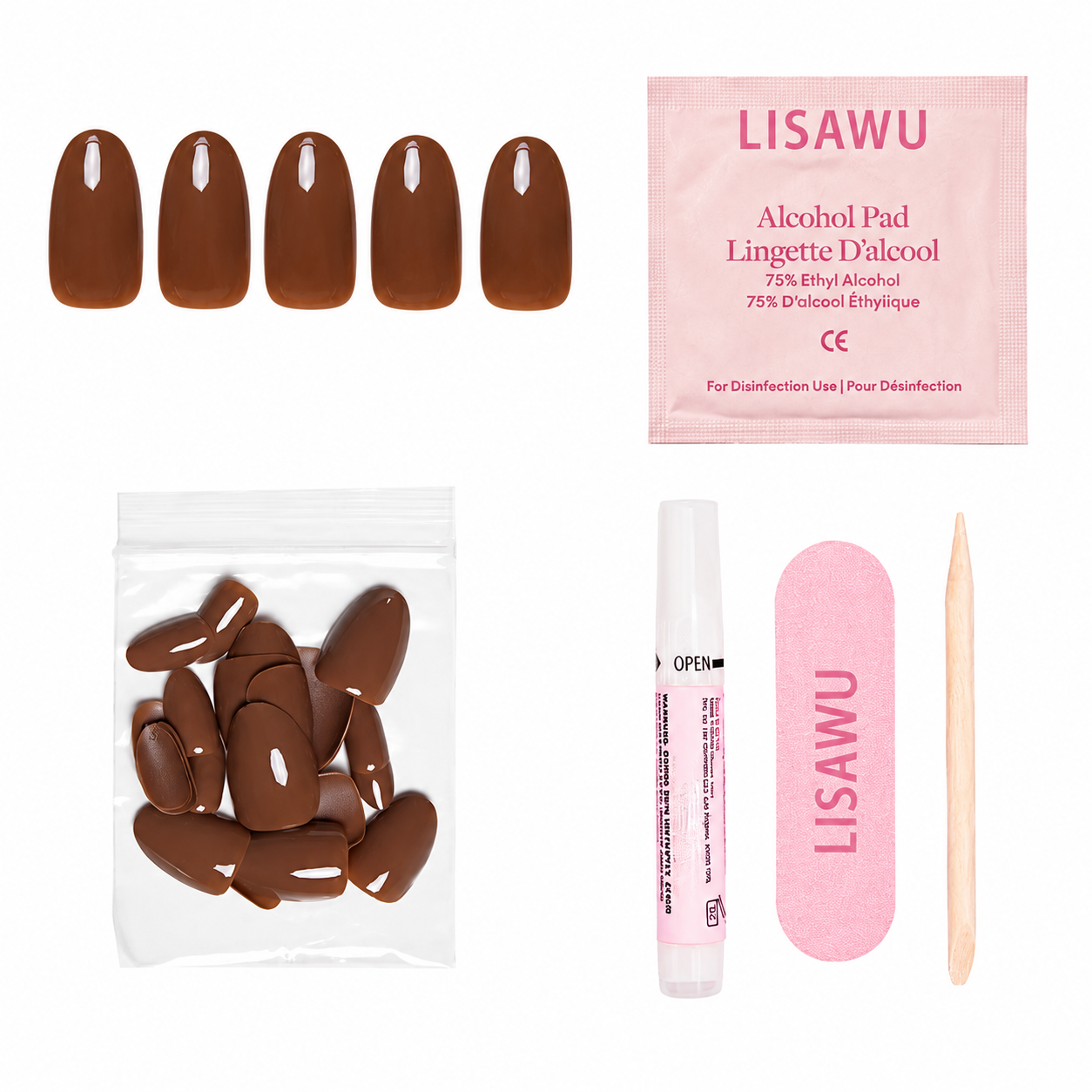 Chocolate Brown press-on nails - oval shape, short length