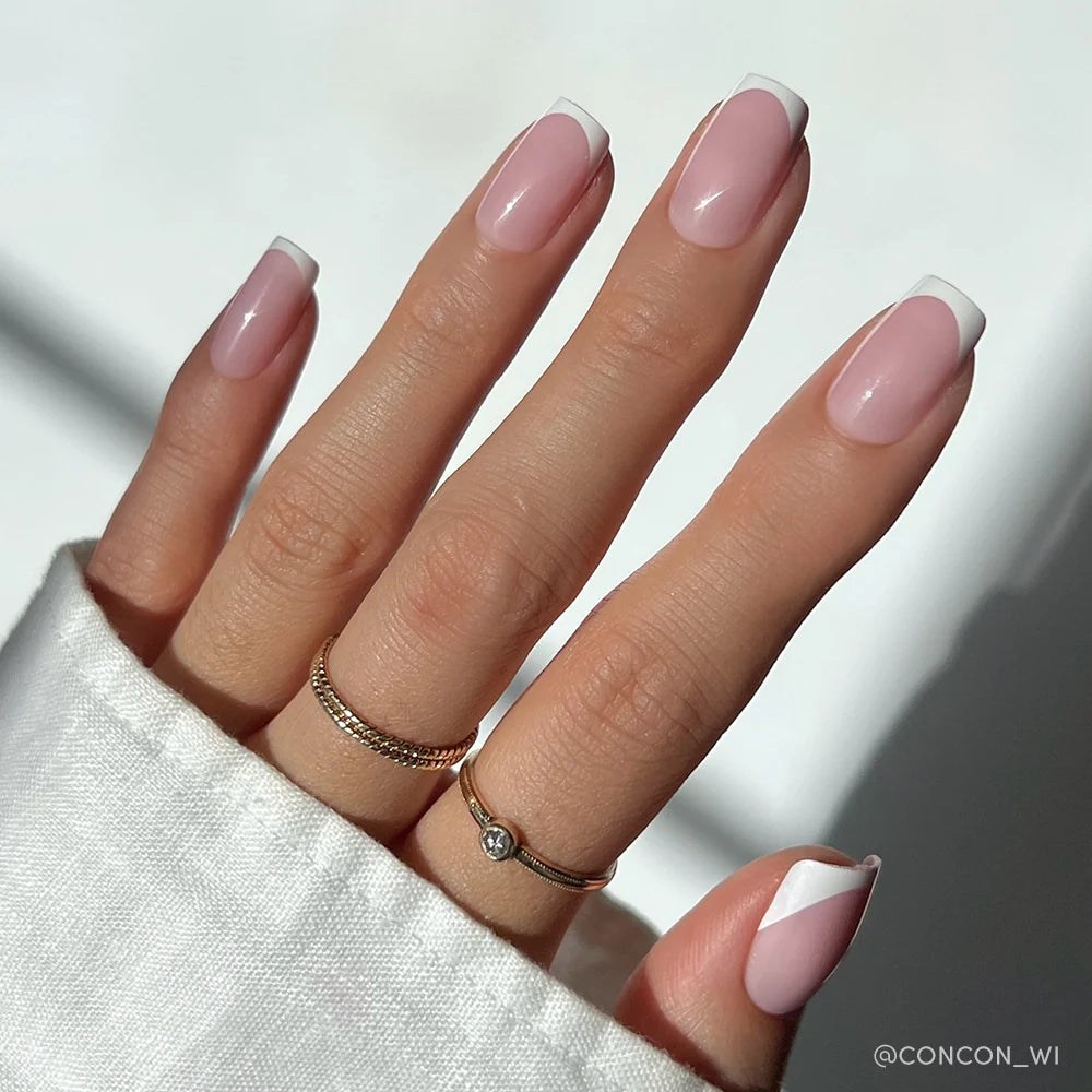Classy French press-on nails in nude shade