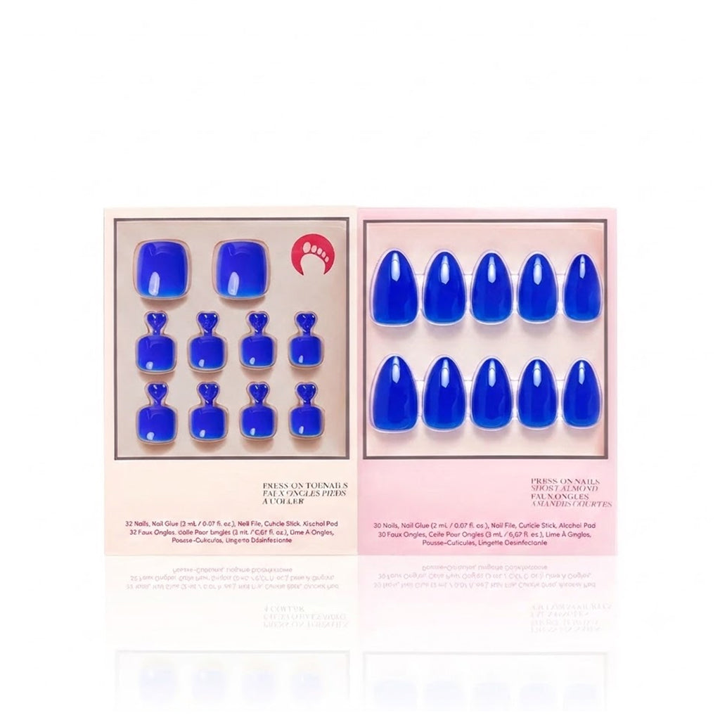 Cobalt Blue Mani Pedi press-on nails with glossy finish
