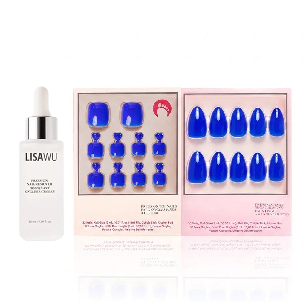 Cobalt Blue Mani Pedi press-on nails - almond shape, short length