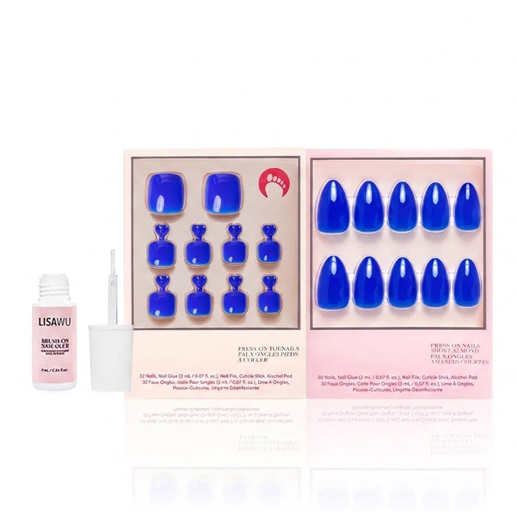 Cobalt Blue Mani Pedi press-on nail design - solid color style detail
