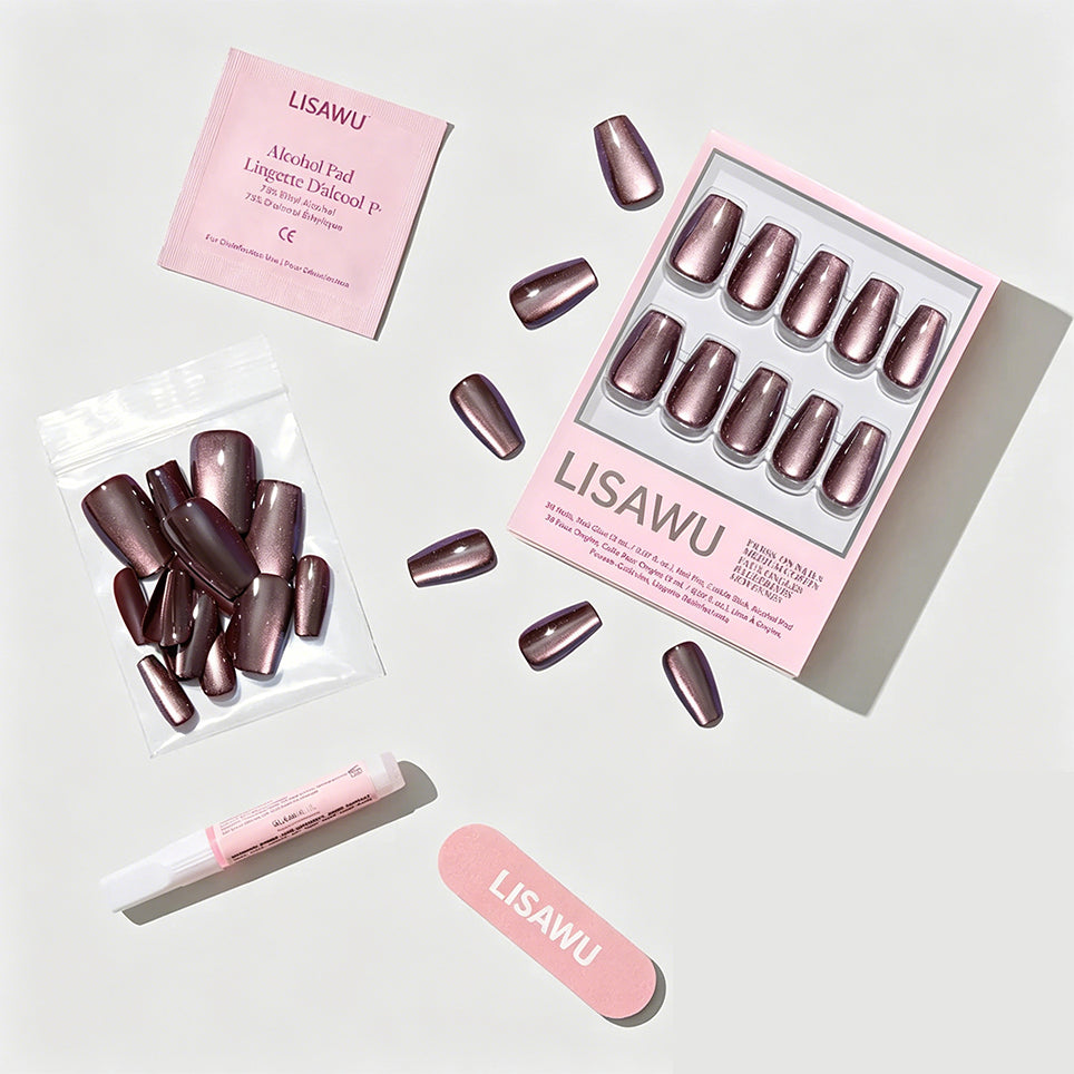 Espresso Glow press-on nails - coffin shape, medium length