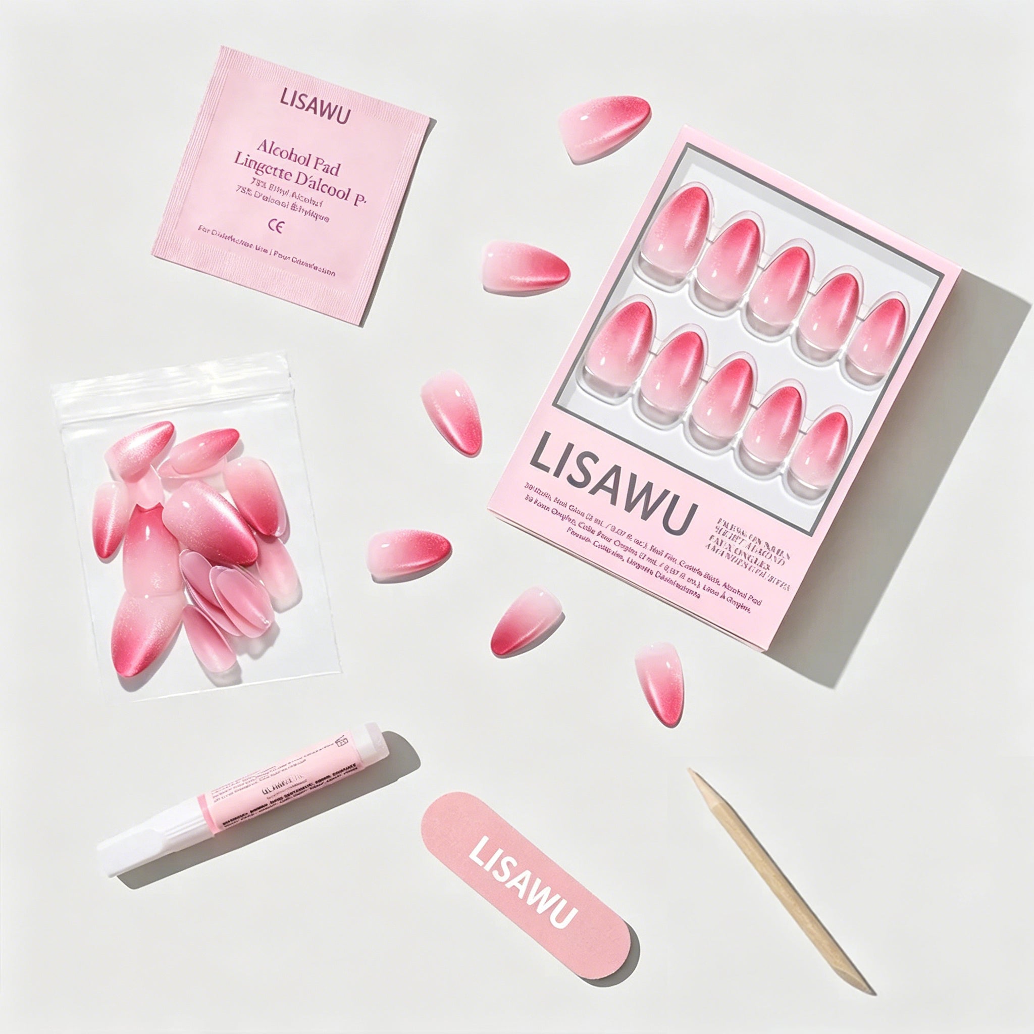 Faded Feelings press-on nails in soft gradient shades with almond shape showcasing elegant nail design