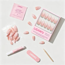 Fiancéd elegant press-on nails with glossy nude finish and subtle shimmer in stylish almond shape