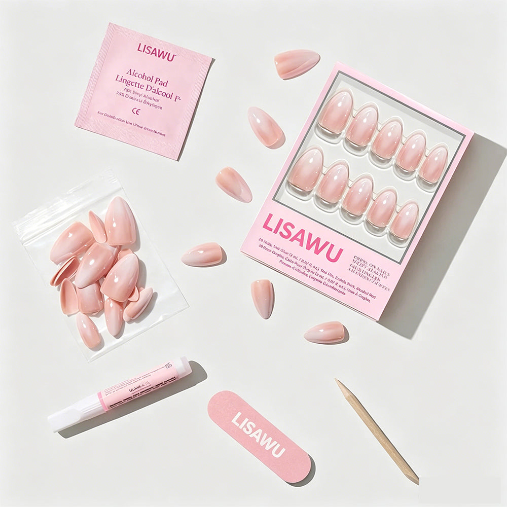 Fiancéd elegant press-on nails with glossy nude finish and subtle shimmer in stylish almond shape
