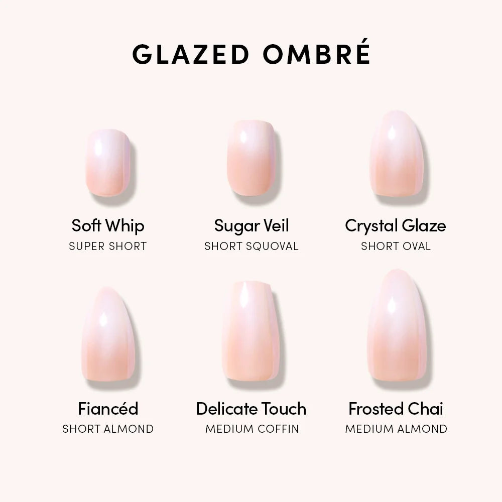 Fiancéd elegant press-on nails set showcasing glossy nude almond-shaped nails in a stylish display
