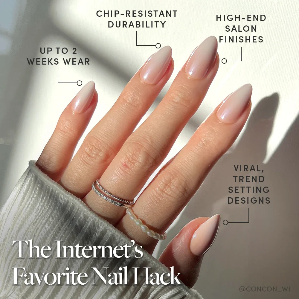 Fiancéd elegant press-on nails with glossy nude almond shape perfect for stylish nail set display