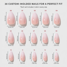 Fiancéd elegant press-on nails with glossy nude finish and almond shape displayed on hand model