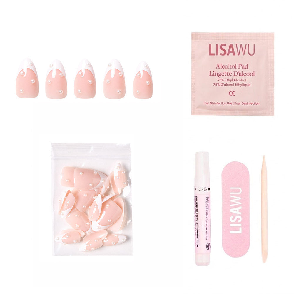 French Pearl press-on nails - almond shape, short length