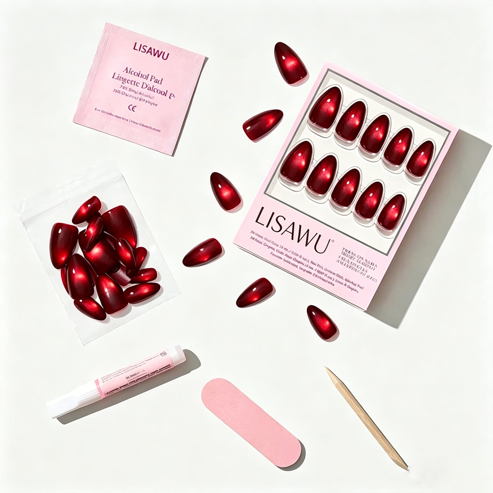 Frosted Cranberry press-on nail design - glass style detail