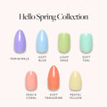 Hello Spring Collection press-on nail menu display with colorful floral nail covers and spring style designs