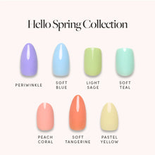 Hello Spring Collection press-on nail menu display with colorful floral nail covers and spring style designs