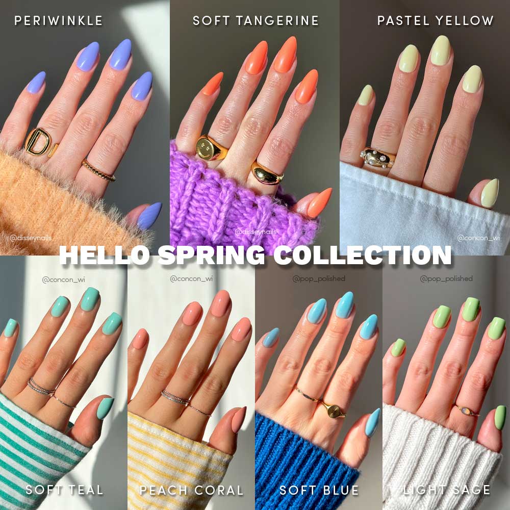 Hello Spring Collection press-on nails UGC photo grid showcasing vibrant spring nail colors and styles on natural nails
