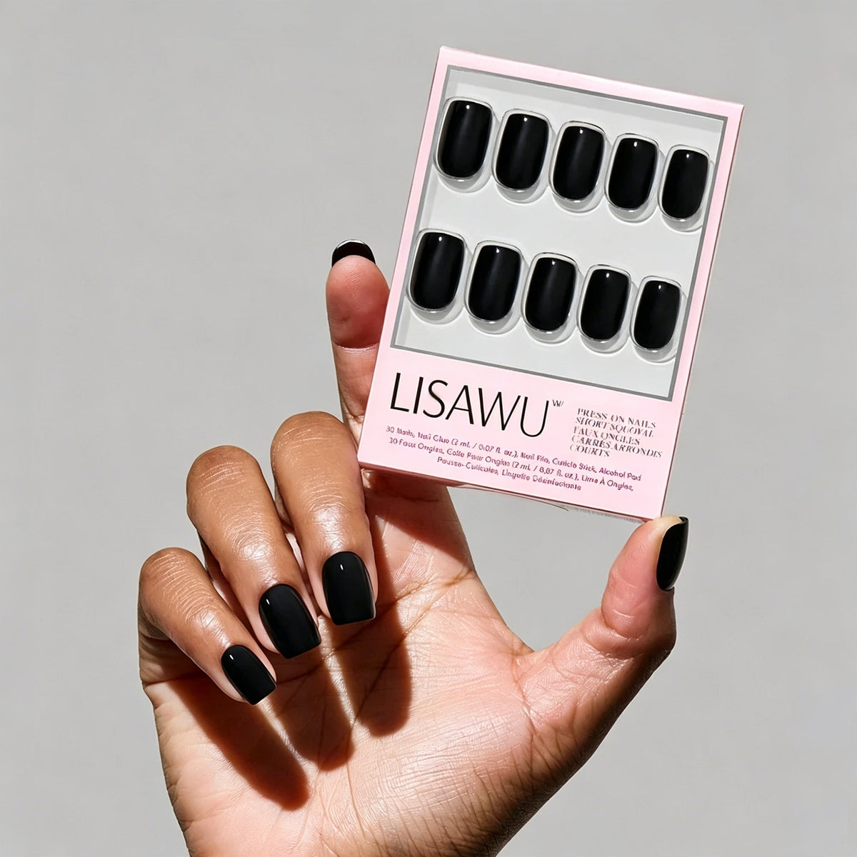 Jet Black press-on nails - squoval shape, short length