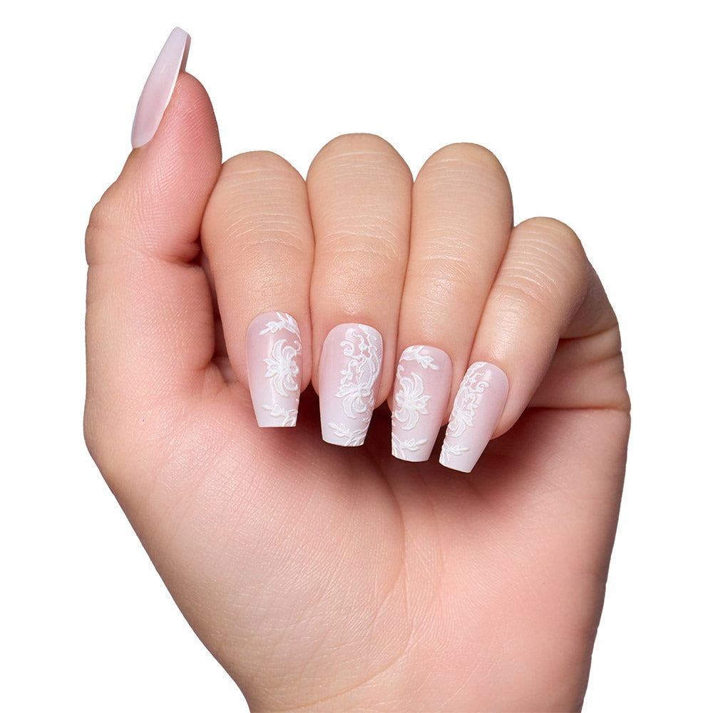 Lace Blush press-on nails - coffin shape, medium length