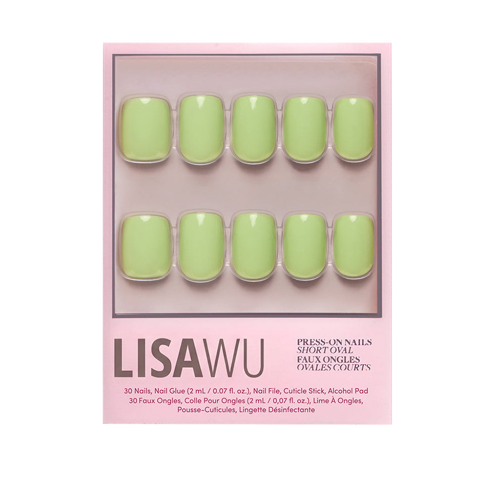 Light Sage press-on nails with soft muted green color and natural almond shape on white background