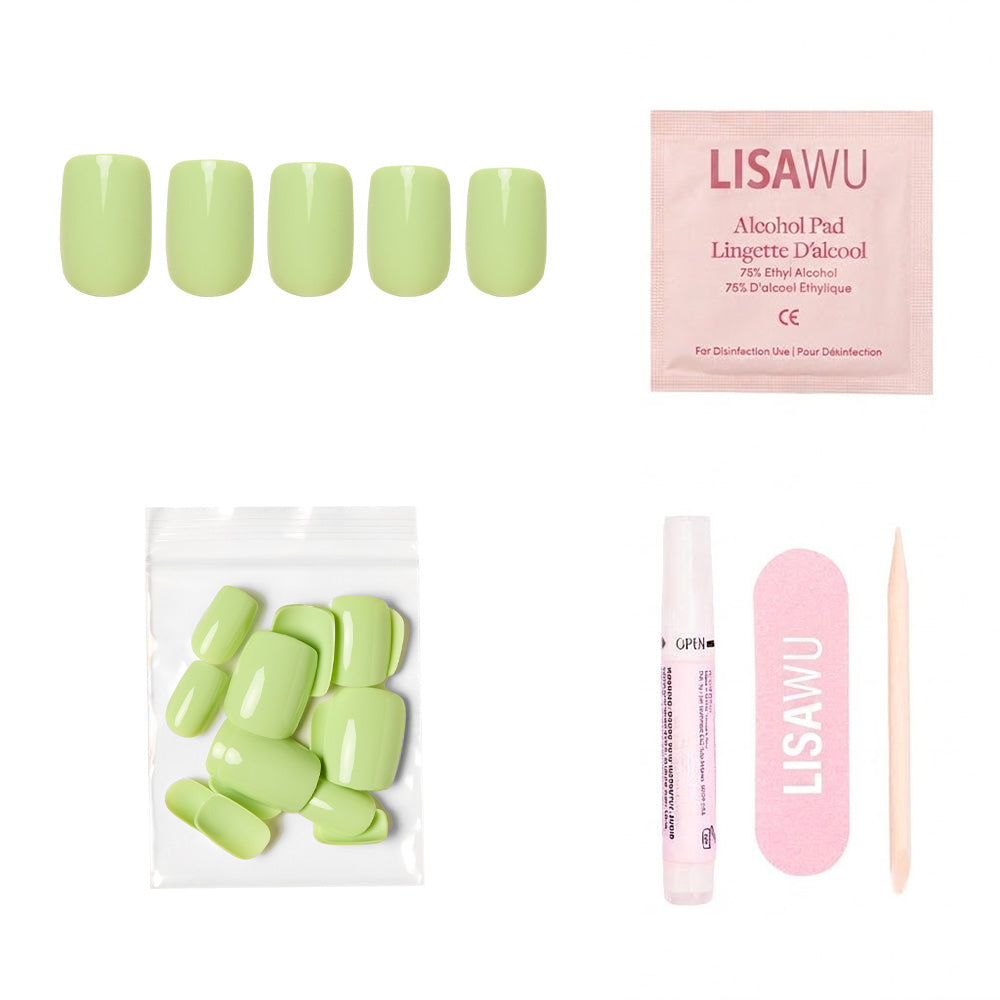 Light Sage press-on nails in soft muted green color with natural shape and glossy finish displayed on white background