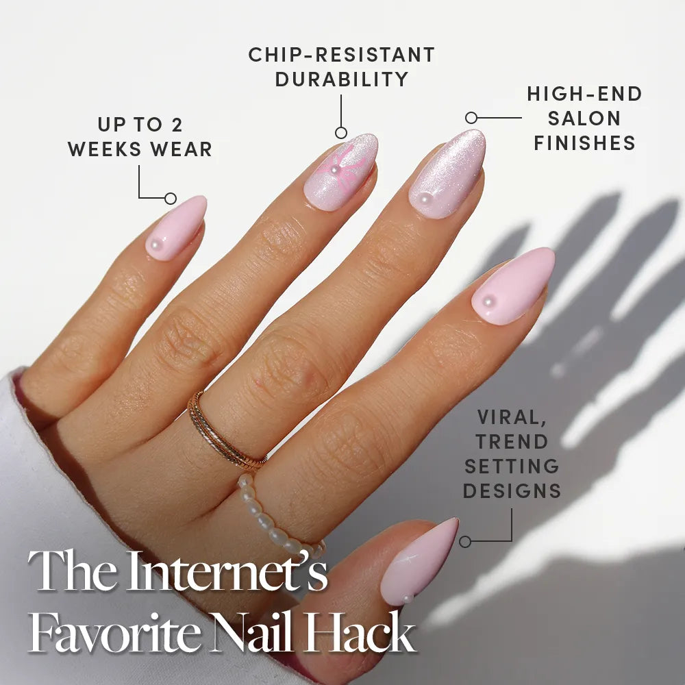 Love Knot press-on nails in elegant twisted design with soft pink and white shades, stylish nail set perfect for everyday wea