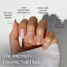 Lovers Crest press-on nails in elegant rounded shape with soft pink and white gradient style on natural nails