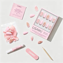 Lovers Crest press-on nails featuring elegant heart-shaped design in soft pink and red tones on natural nail shape