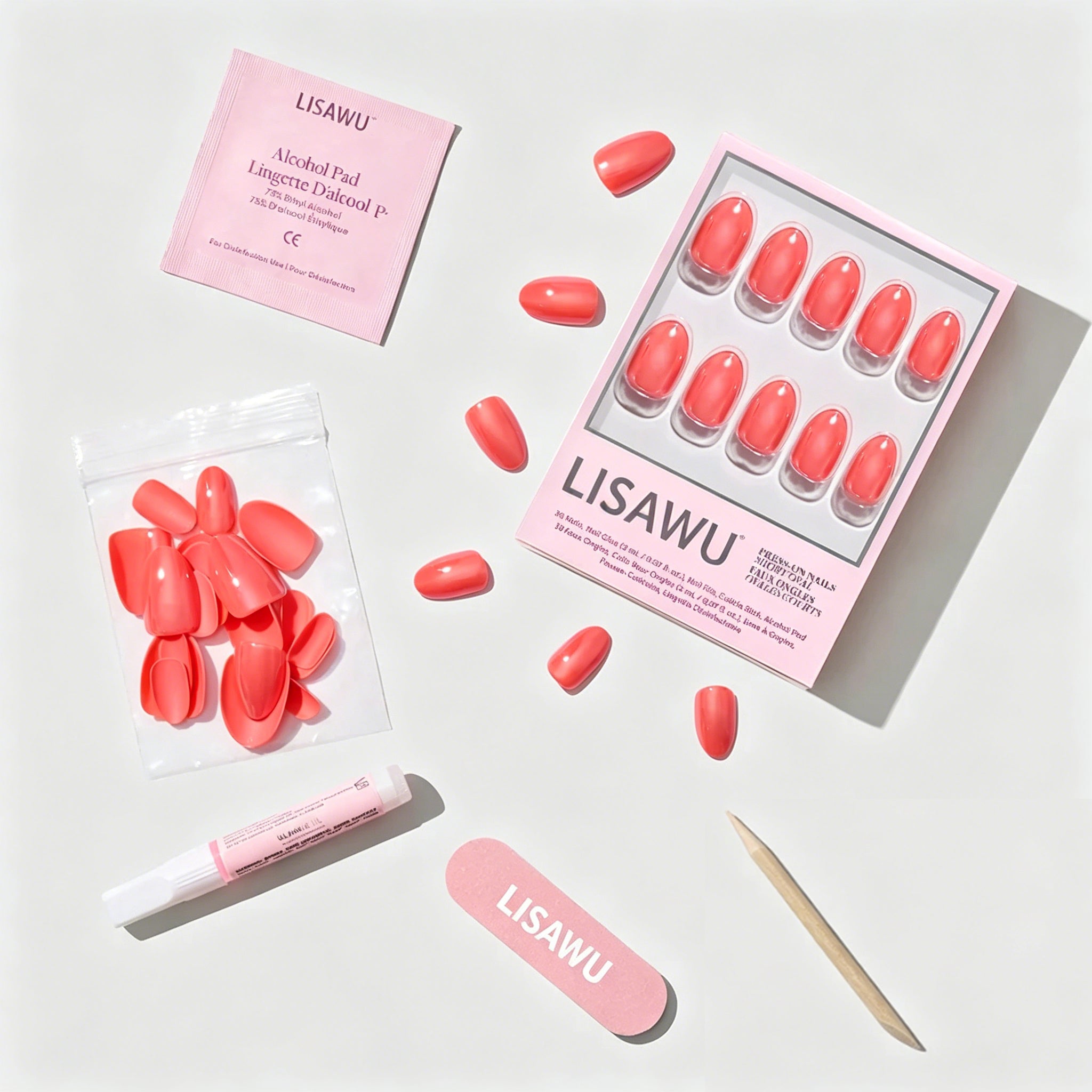 Lush Coral press-on nails featuring vibrant coral color with almond shape perfect for stylish nail set
