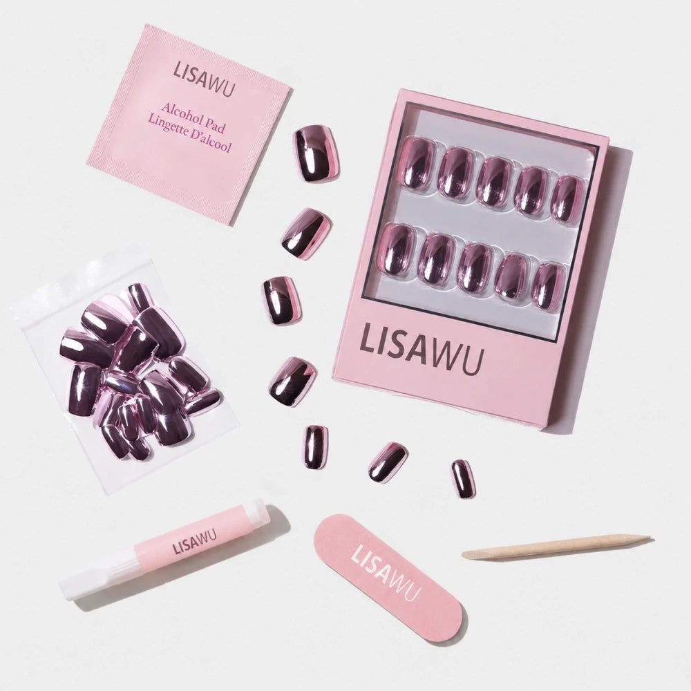 Metallic Blush press-on nail bundle - full set view