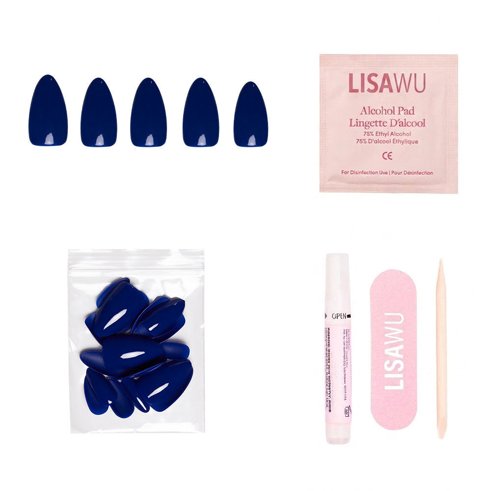 Midnight Blue press-on nails - almond shape, short length