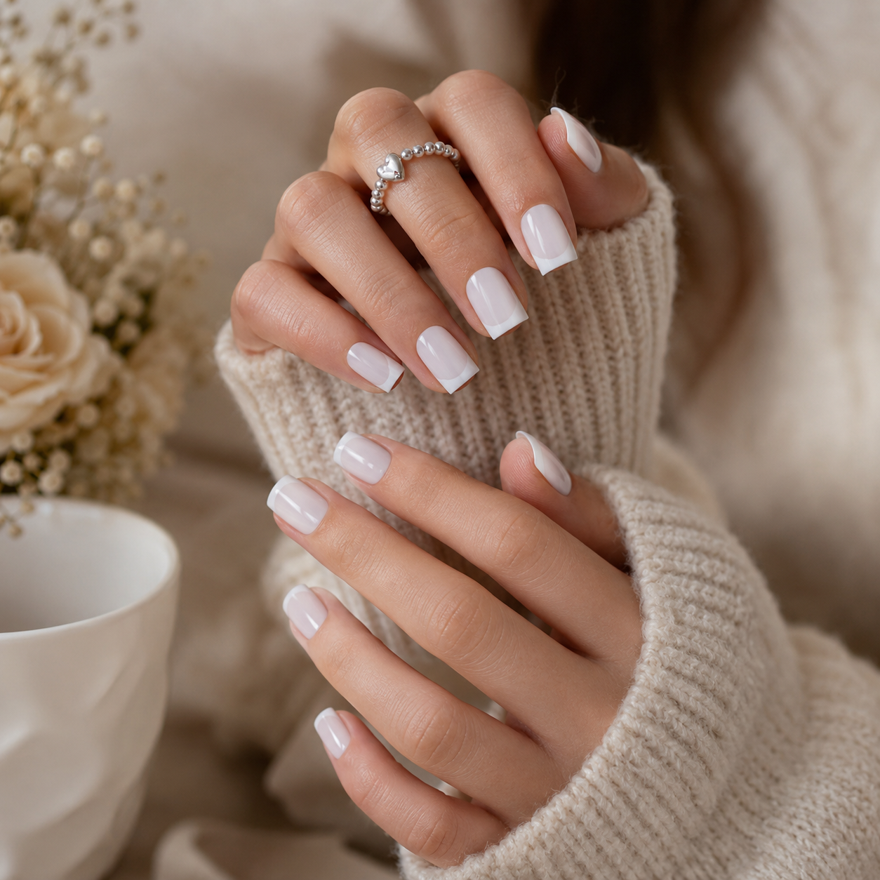 Milky White French Square Press-On Nails press-on nail bundle - full set view