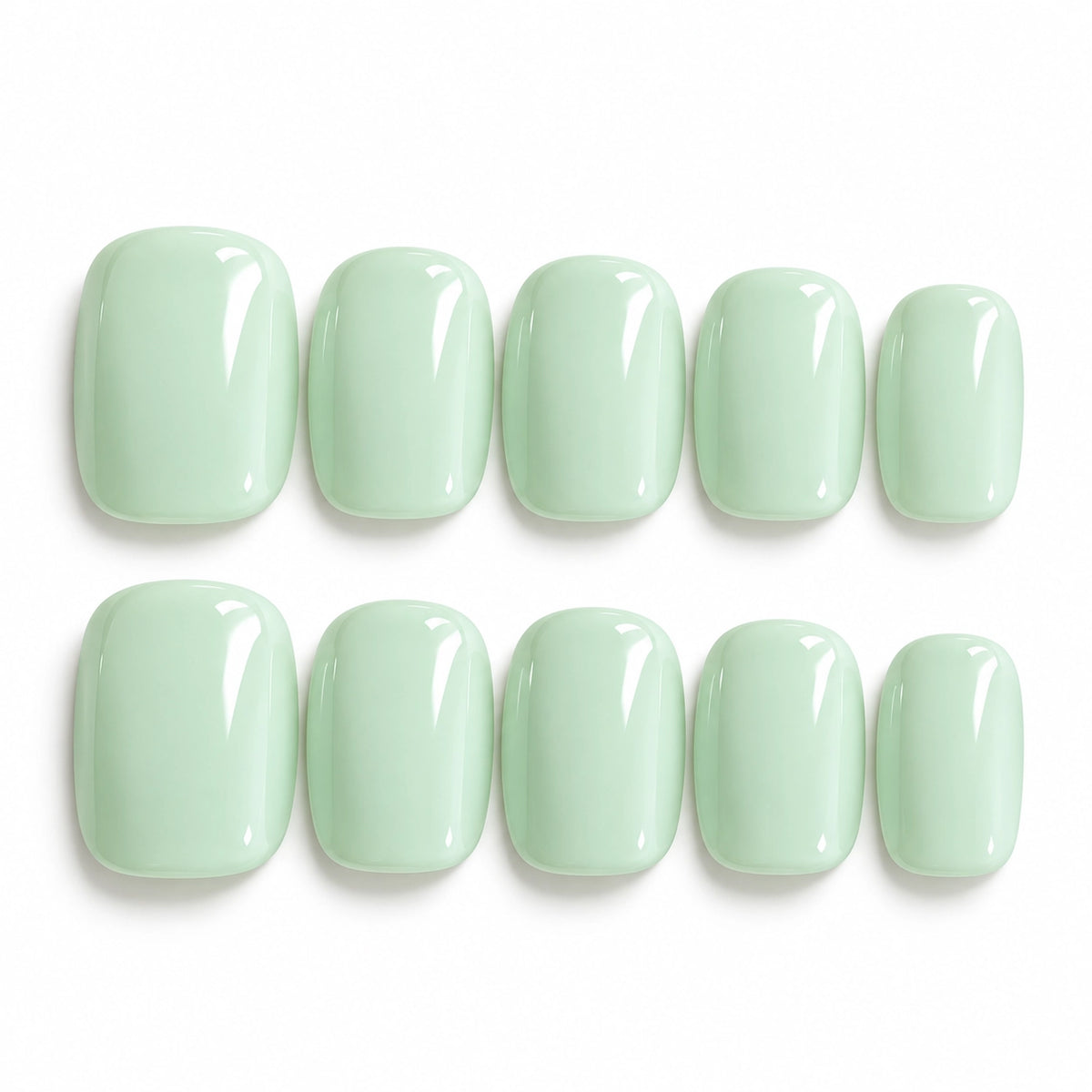 Lisawu Mint Milk Green short squoval press-on nails arranged as a full nail set