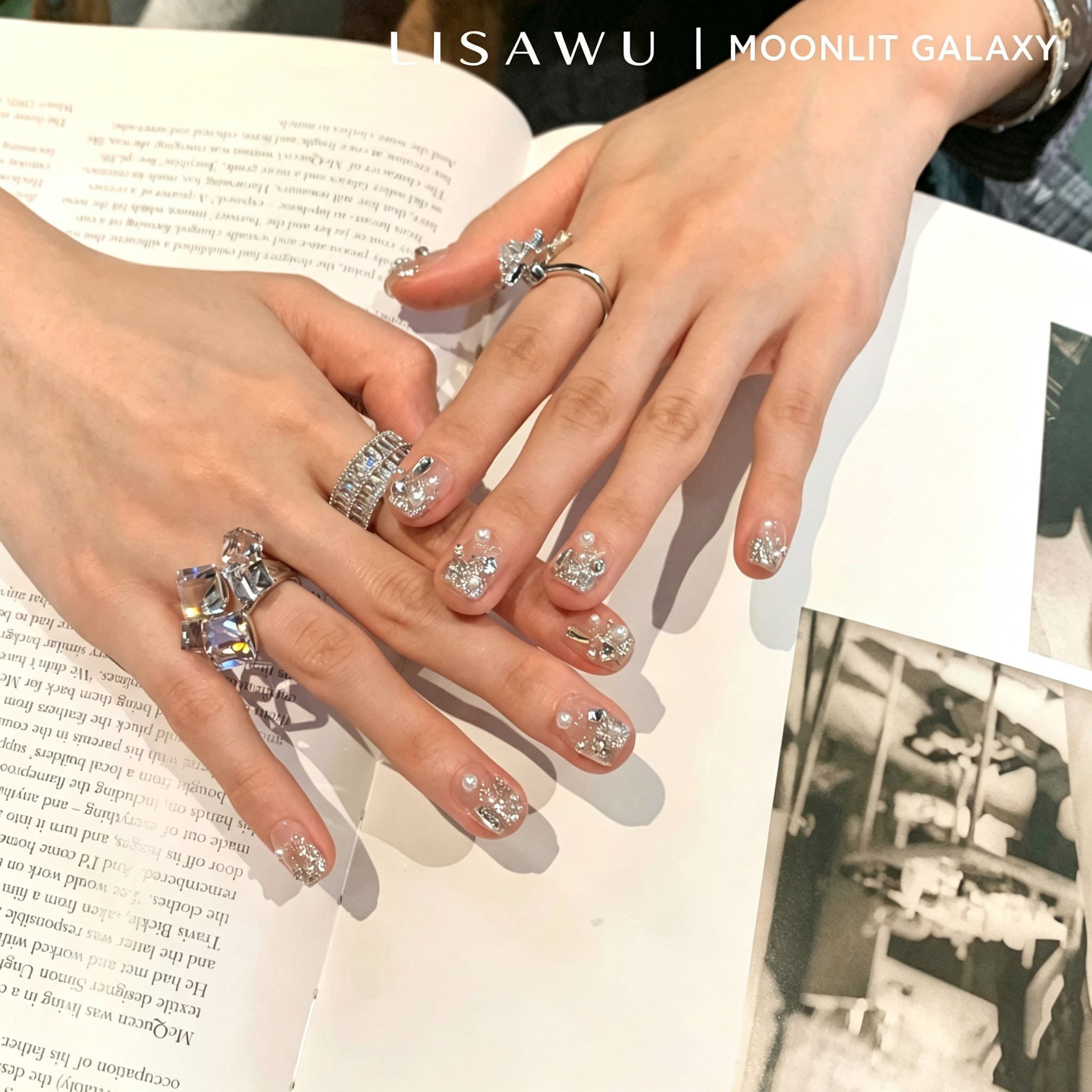 Moonlit Galaxy – Silver Crystal Pearl Press-On Nails