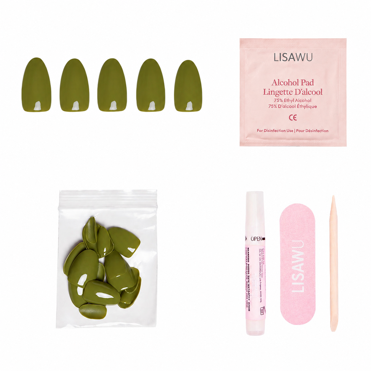 Moss Green press-on nails - oval shape, short length