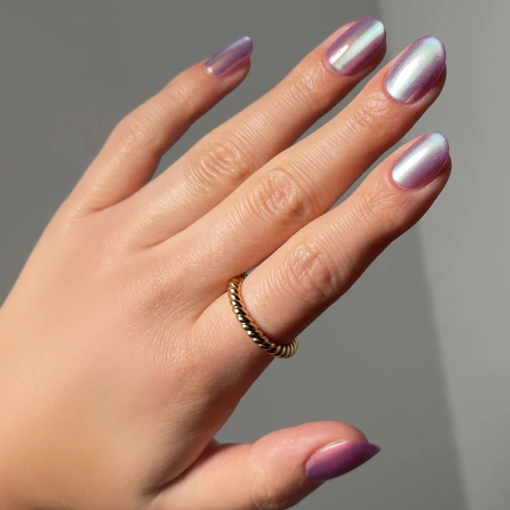 Oyster Glow press-on nails in blue shade