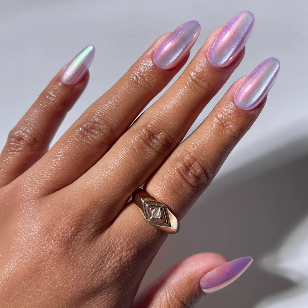 Oyster Pearl press-on nails in blue shade