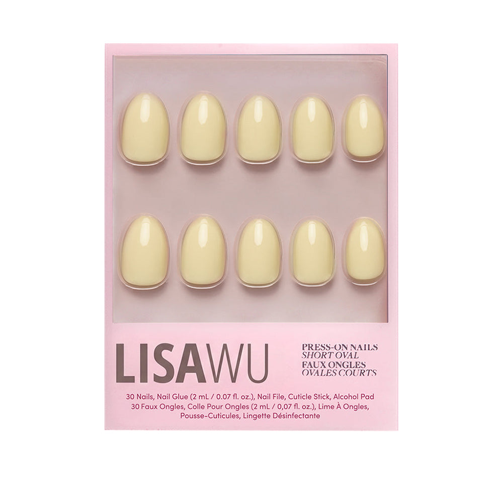 Pastel yellow press-on nails with glossy finish simple stylish nail set display