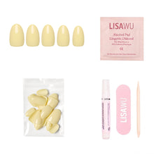 Pastel yellow press-on nails with a soft matte finish displayed on a clean white background
